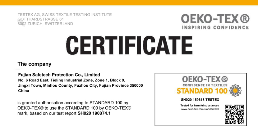 STANDARD 100 by OEKO-TEX mark under the certificate SH020 159618